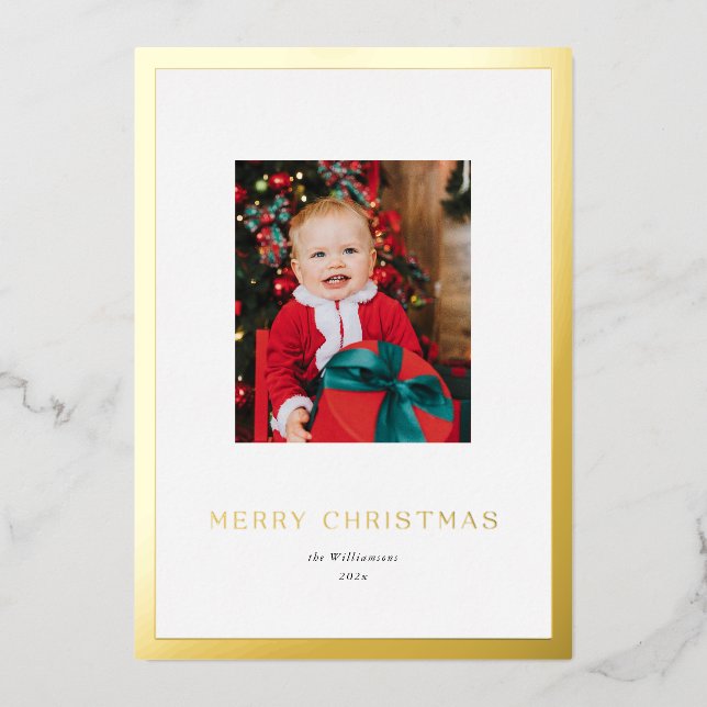 Modern Classic Gold Frame Christmas Photo Foil Holiday Card (Front)