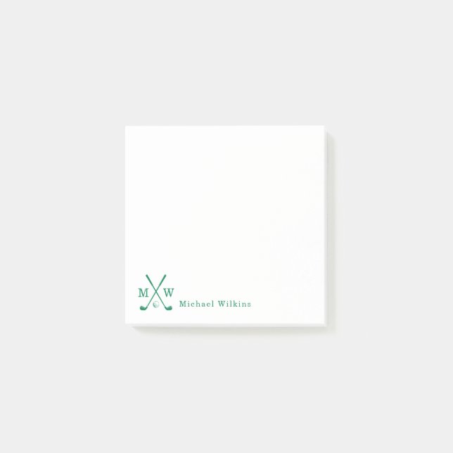 Modern Classic Green Crossed Golf Club Monogram Post-it Notes (Front)