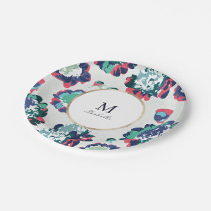 Modern classic green gold abstract floral monogram paper plate
