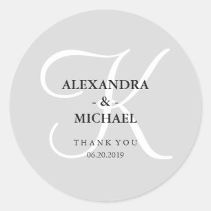 Modern Classic Grey Monogram and Thank You Round Sticker