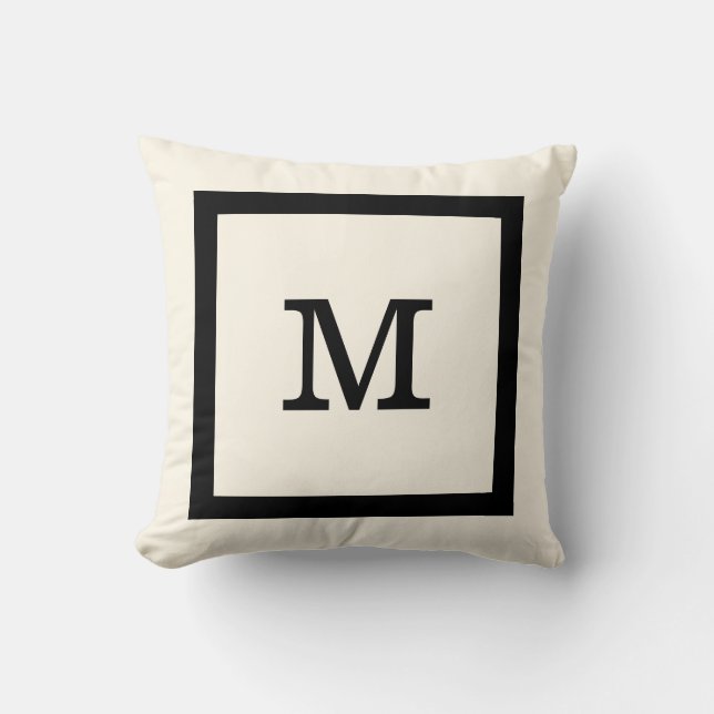 Modern Classic Ivory and Black Square and Monogram Throw Pillow (Front)