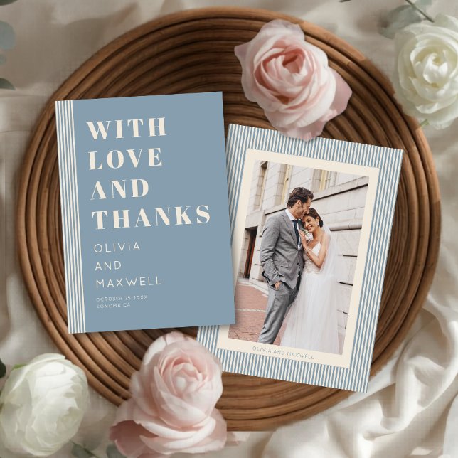 Modern Classic Love and Thanks Blue Striped Thank You Card (Creator Uploaded)
