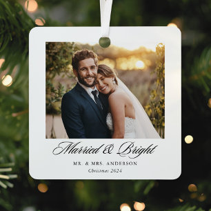 Modern Classic Married and Bright Wedding Photo Metal Ornament