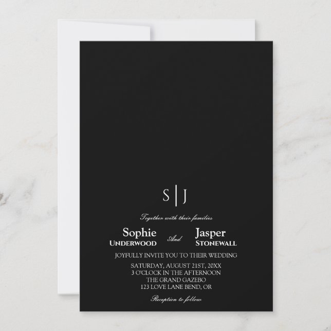 Modern Classic Minimalist Black Monogram Wedding Invitation (Front)