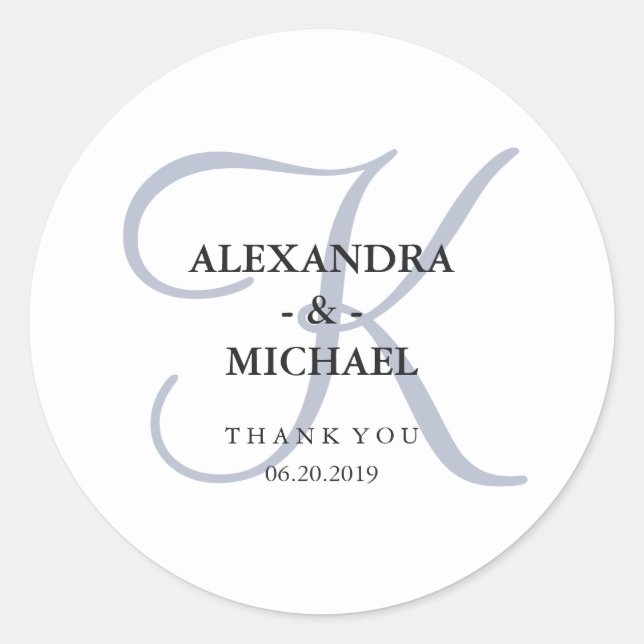 Modern Classic Monogram | Dusty Blue Wedding Classic Round Sticker (Front)