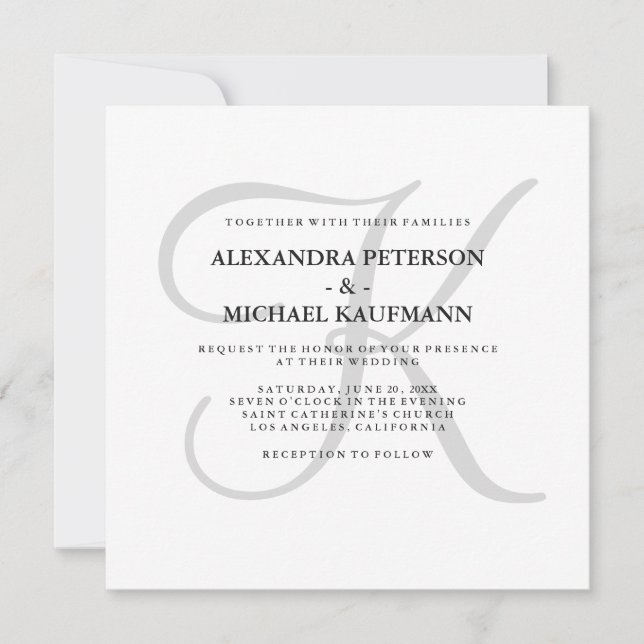 Modern Classic Monogram in Grey Wedding Invitation (Front)