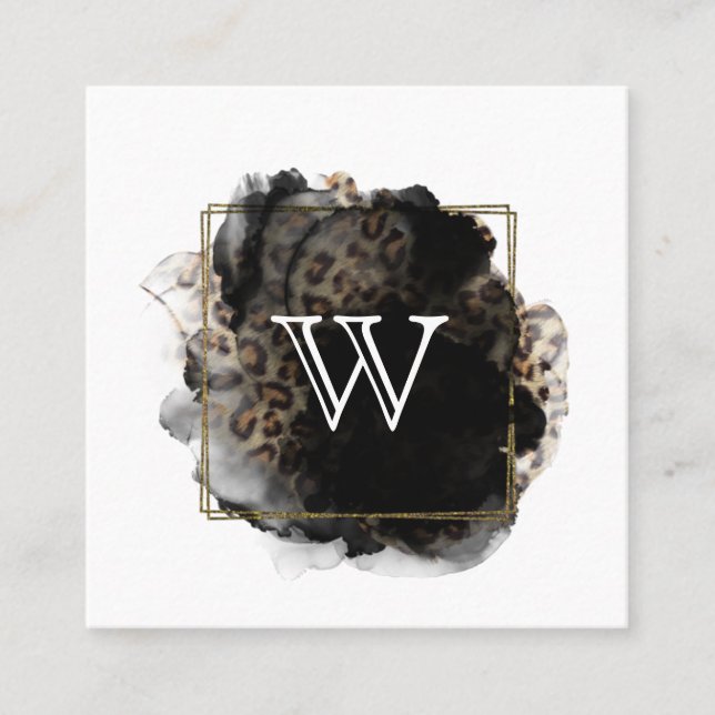 Modern Classic Monogram Initial Black Gold Leopard Square Business Card (Front)
