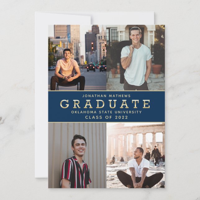 Modern Classic Navy Blue Gold Photo Graduation Announcement (Front)