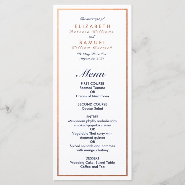 Modern Classic Navy Faux Copper Wedding Menu (Front)