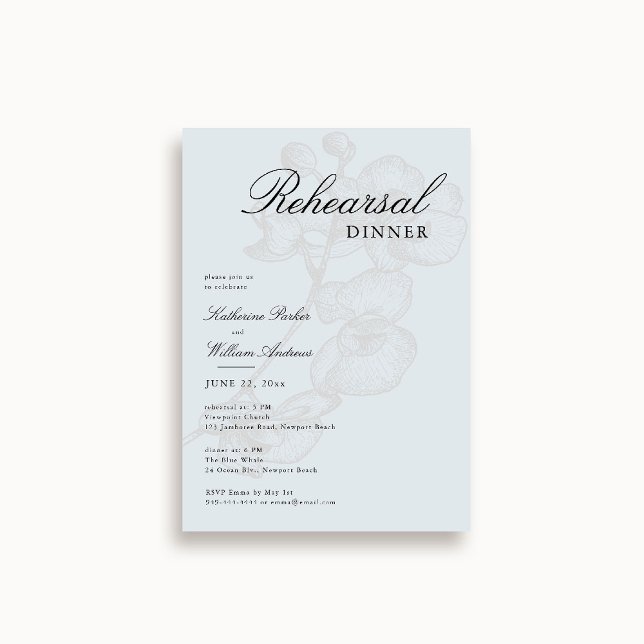 Modern Classic Orchid Sketch Blue Rehearsal Dinner Invitation (wedding rehearsal invitation something blue orchid sketch botanical modern classic elegant script)