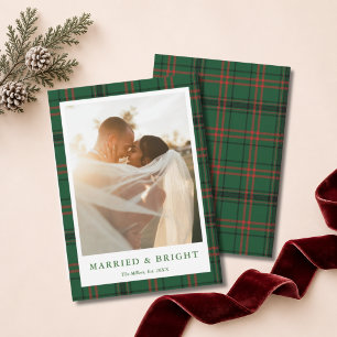 Modern Classic Plaid Married & Bright Wedding Holiday Card