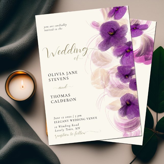 Modern Classic Purple Orchids Wreath Gold Wedding Invitation (Creator Uploaded)