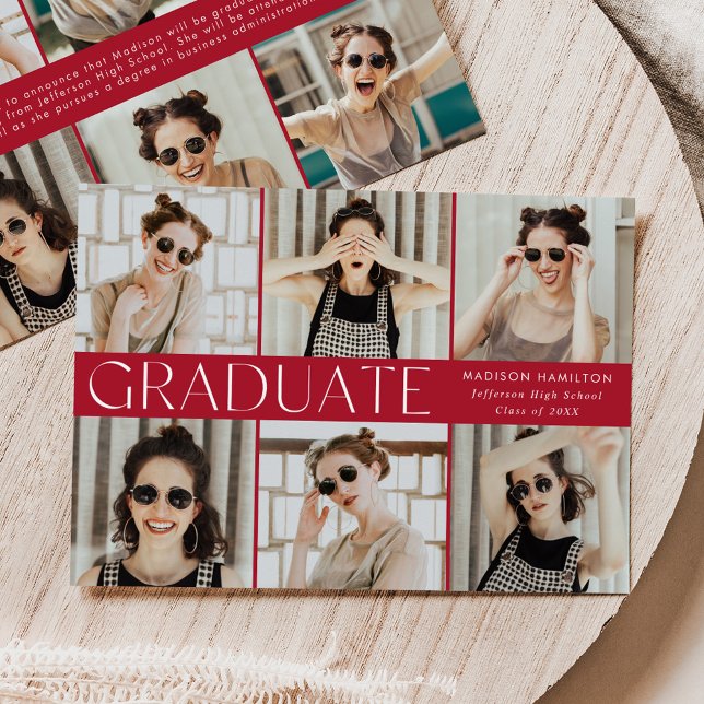 Modern Classic Red 12 Photo Collage Graduation Announcement (Creator Uploaded)