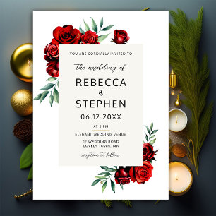 Modern Classic Red Rose Ivory Floral Frame Wedding Invitation