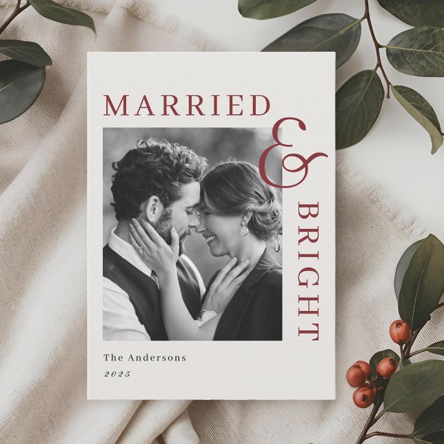 Modern Classic Red Typography Married and Bright Holiday Card (Creator Uploaded)