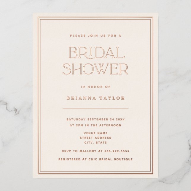 Modern Classic Rose Gold Bridal Shower Foil Invitation Postcard (Front)
