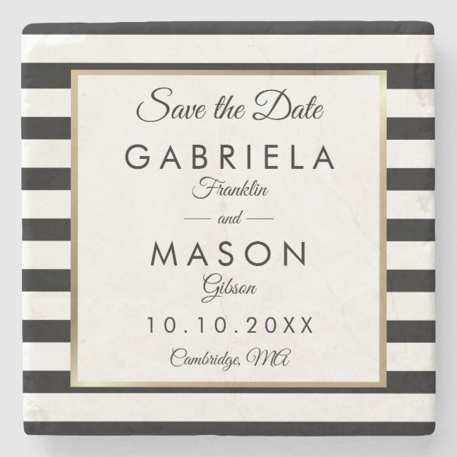 Modern Classic Stripe Save the Date Stone Coaster (Front)