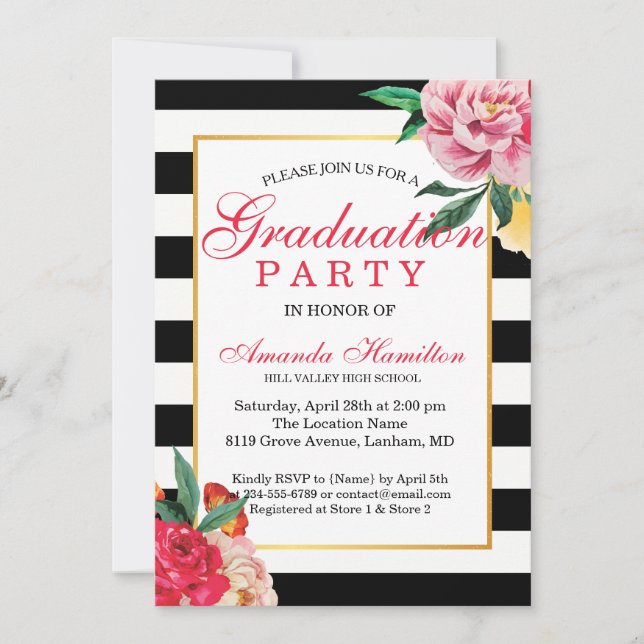 Modern Classic Striped Floral Peony Graduation Invitation (Front)