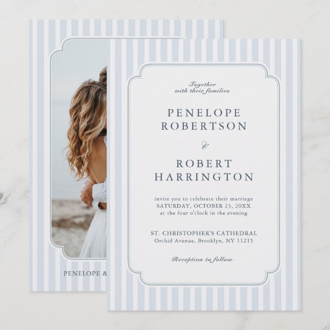 Modern Classic Stripes Dusty Blue Photo Wedding  Invitation (Front/Back)