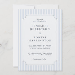 Modern Classic Stripes Dusty Blue QR Code Wedding  Invitation