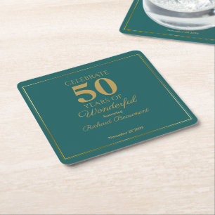 Modern Classic Teal Gold Wonderful 50th Birthday Square Paper Coaster