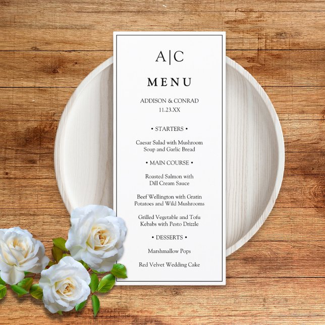 Modern Classic White Monogram Wedding Flat Menu (Creator Uploaded)