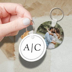 Modern Classic White Monogram Wedding Photo Keychain