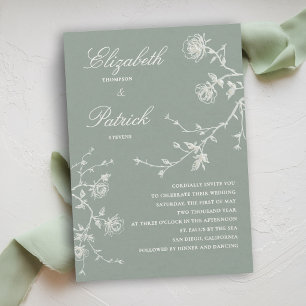 Modern Classic Wild Roses Sage Green White Wedding Invitation