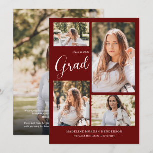 Modern Classy 5 Photo Collage Burgundy Graduation Announcement