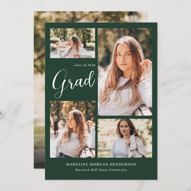 Modern Classy 5 Photo Collage Green Graduation Announcement (Front/Back)