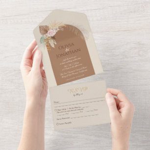 Modern Classy Boho Rustic Beige Brown Wedding All In One Invitation