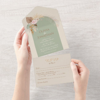 Modern Classy Boho Rustic Beige Mint Wedding All In One Invitation
