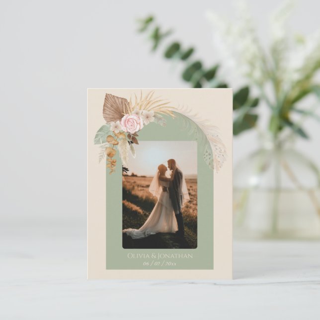 Modern Classy Boho Rustic Beige Mint Wedding Postcard (Standing Front)