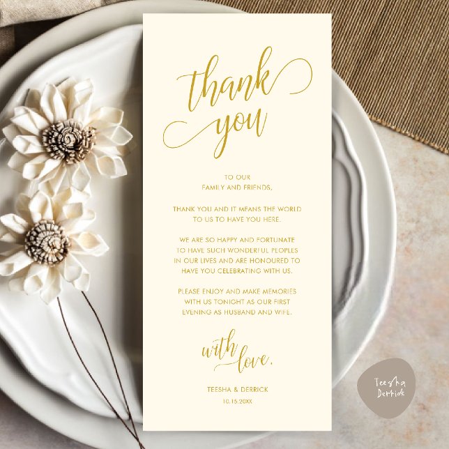 Modern Classy Dinner Place Setting Thank You Card (Modern Classy Wedding Dinner Place Setting Thank You Card in Yellow Cream Gold)