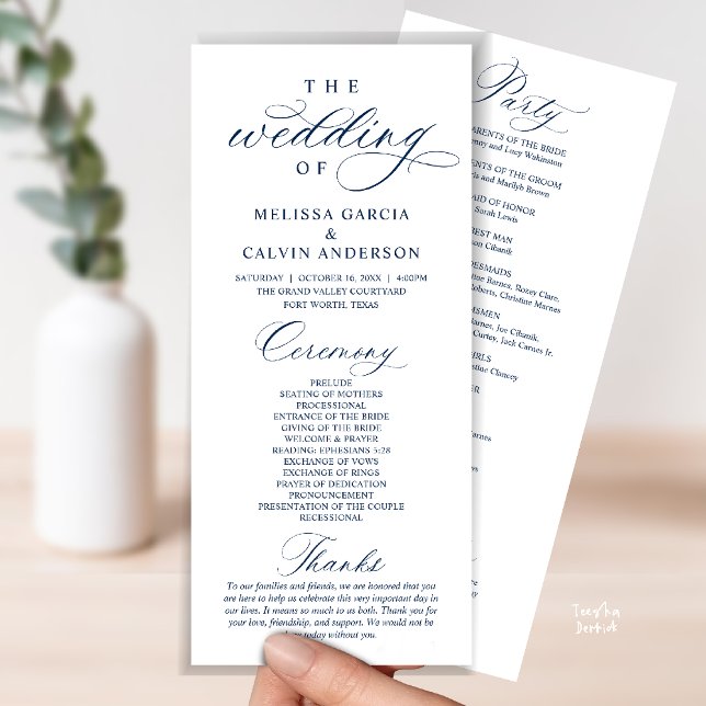 Modern Classy Elegant Wedding Ceremony Program (Modern Classy Elegant Wedding Ceremony Program card navy blue)