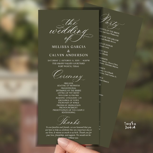 Modern Classy Elegant Wedding Ceremony Program (Modern Classy Elegant Romantic Wedding Ceremony Program Card in Olive Green)
