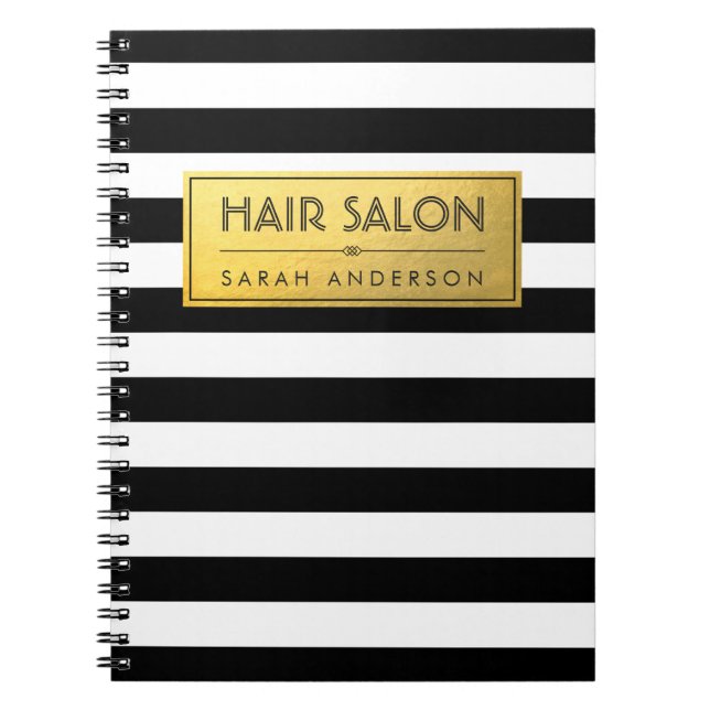 Modern Classy Gold Label and Black White Stripes Notebook (Front)