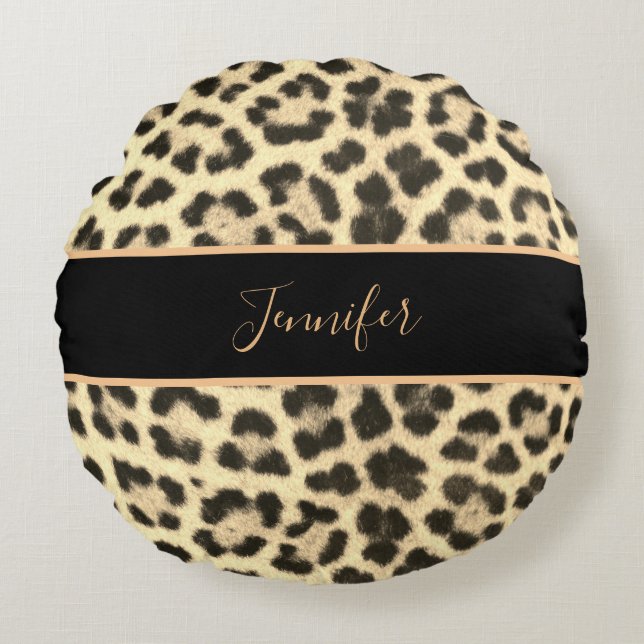 Modern Classy Leopard Print Personalized Name Round Pillow (Front)