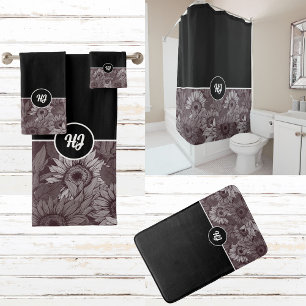 MODERN CLASSY MONOGRAMMED BLACK AND WHITE BATH TOWEL SET
