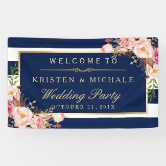 Modern Classy Navy Blue Floral Wedding Party Banner