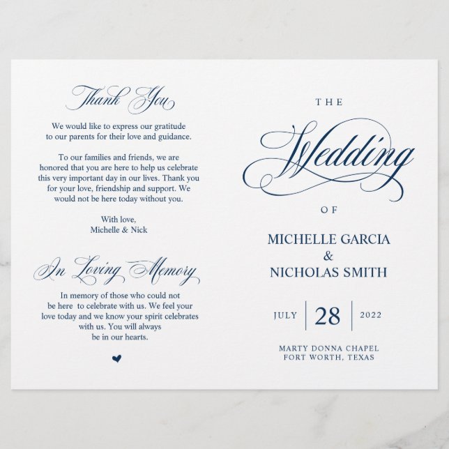 Modern Classy Navy Blue, Foldable Wedding Program (Front)