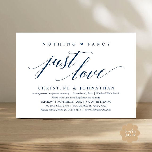 Modern Classy Nothing Fancy, Just Love, Reception Invitation (Modern Classy Nothing Fancy, Just Love, Wedding Reception Dinner Invitation Card in Navy Blue)