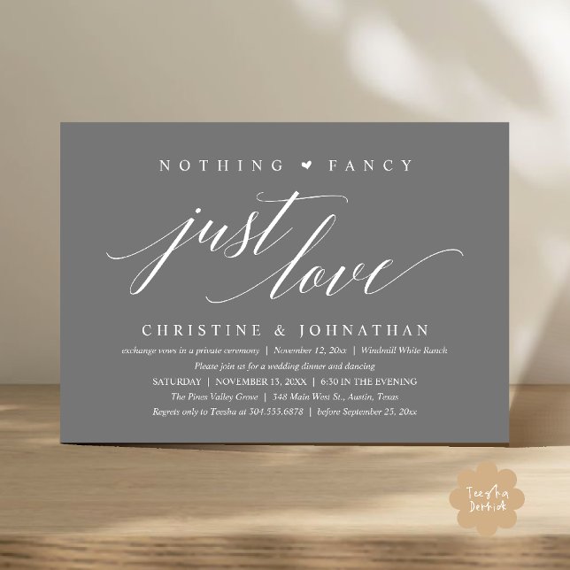 Modern Classy Nothing Fancy, Just Love, Reception Invitation (Modern Classy Nothing Fancy, Just Love, Wedding Reception Dinner Invitation Card in Dark Grey)