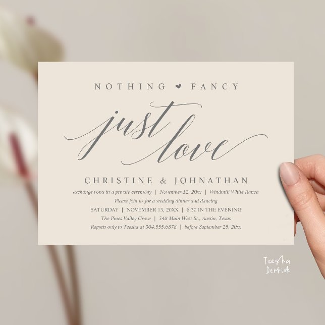 Modern Classy Nothing Fancy, Just Love, Reception Invitation (Modern Classy Nothing Fancy, Just Love, Wedding Reception Dinner Invitation Card in Cream and Grey)