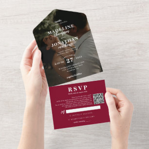 Modern Classy Photo Burgundy QR Code Wedding All In One Invitation
