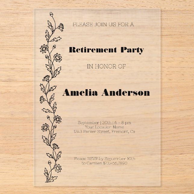 Modern classy retirement  daisy black acrylic invitations (Front)