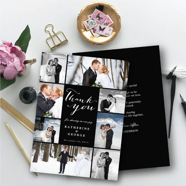 Modern Classy Script 8 Multi Photo Stylish Wedding Thank You Card (Modern Classy Script 8 Multi Photo Collage Stylish Wedding Thank You Card @ fatfatin_blue_knot)