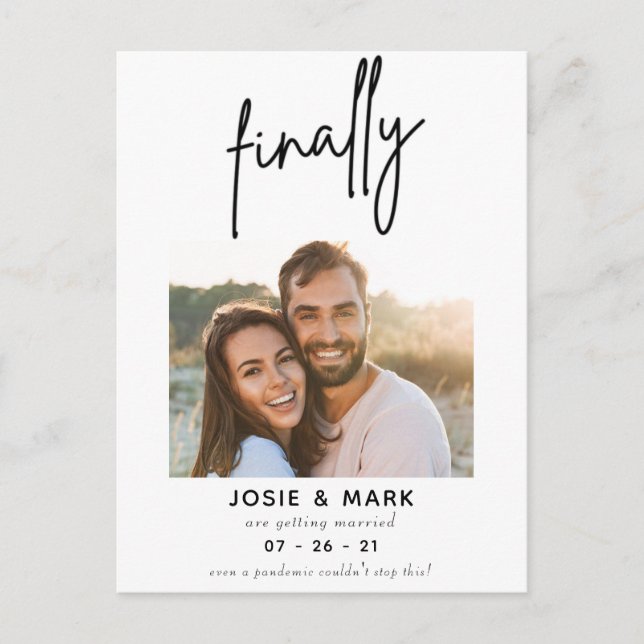 modern classy script finally photo save the date announcement postcard (Front)