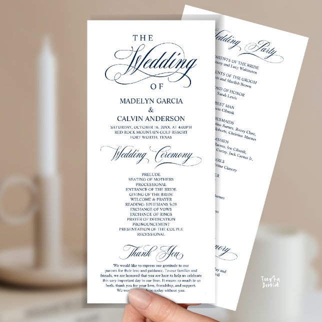 Modern Classy Wedding Ceremony Order Program (Modern Classy Wedding Ceremony Order Program Card, in Navy Blue)