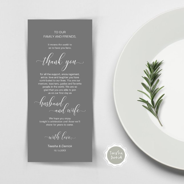 Modern Classy Wedding Place Setting Thank You Card (Wedding Dinner Place Setting Thank You Card, Plate Decor, Modern Classy, in Dark Grey)